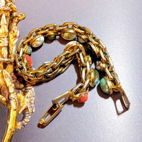 Vintage Art Glass Cabochon Heavy Chain Bracelet - Picture 5 of 7